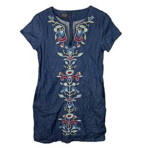 Pendleton Tala Embroidered Cotton Shift Dress V-Neck Short Sleeve Blue Small